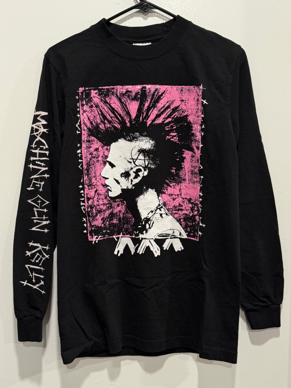 Black Punk Graphic Long Sleeve Tee with Pink & White Print